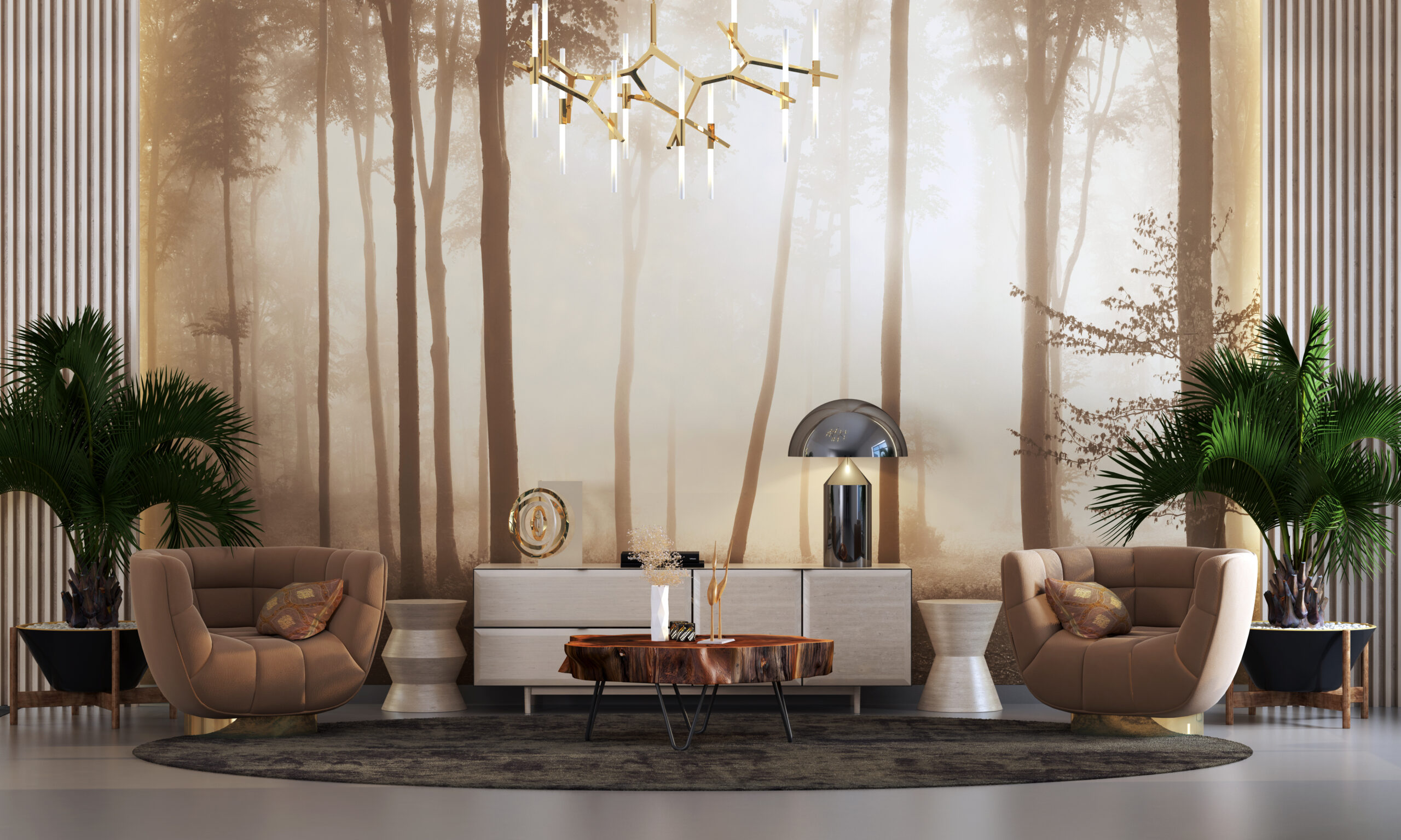 Living room with wallpaper background for light trees, two sitting chairs, console table, chandeliers and ornamental palm trees Carta da parati per stampa digitale